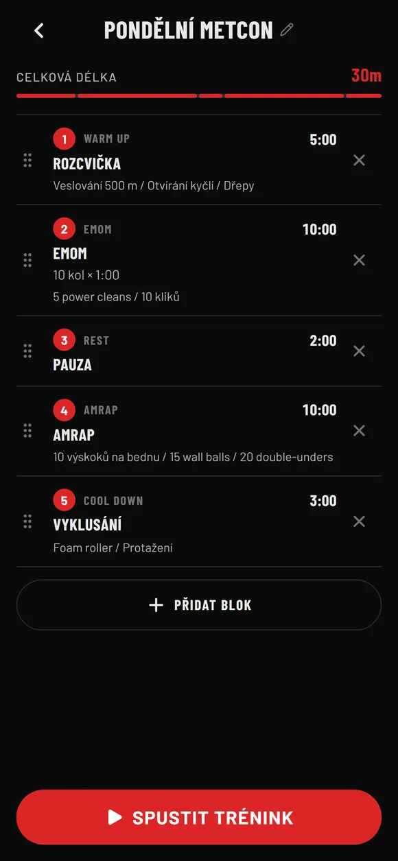 Editor tréninku se seřazenými bloky