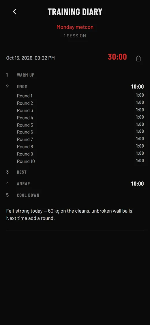 Training diary with a completed workout, round splits and a written note