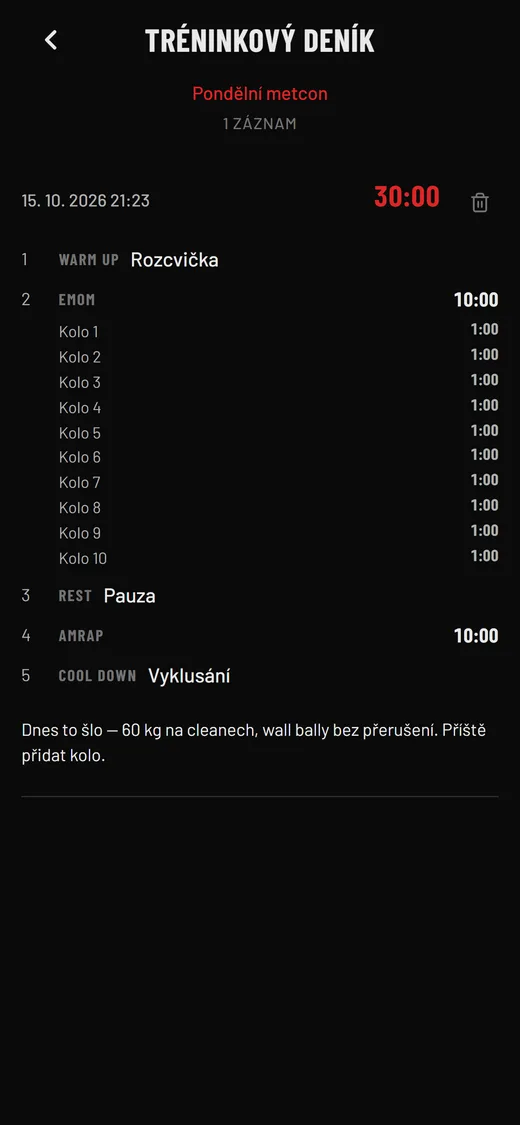 Tréninkový deník s dokončeným tréninkem, mezičasy kol a napsanou poznámkou