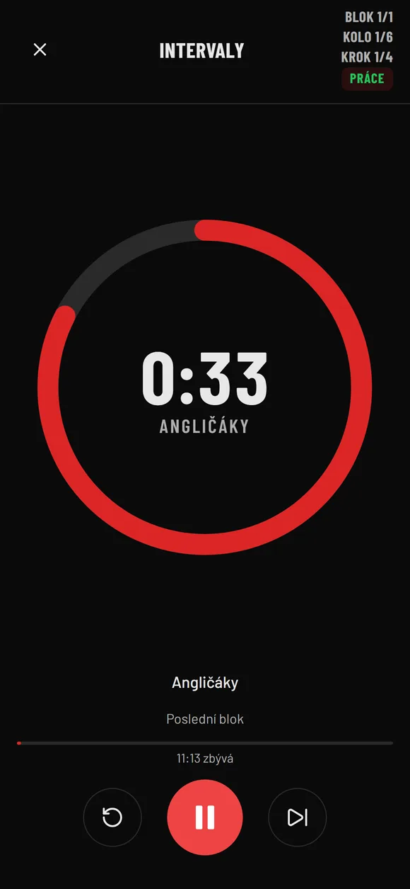 BetterWOD Timer při běžícím bloku Intervals v tmavém motivu Crimson: zbývá 0:33 na angličáky, kolo 1 ze 6