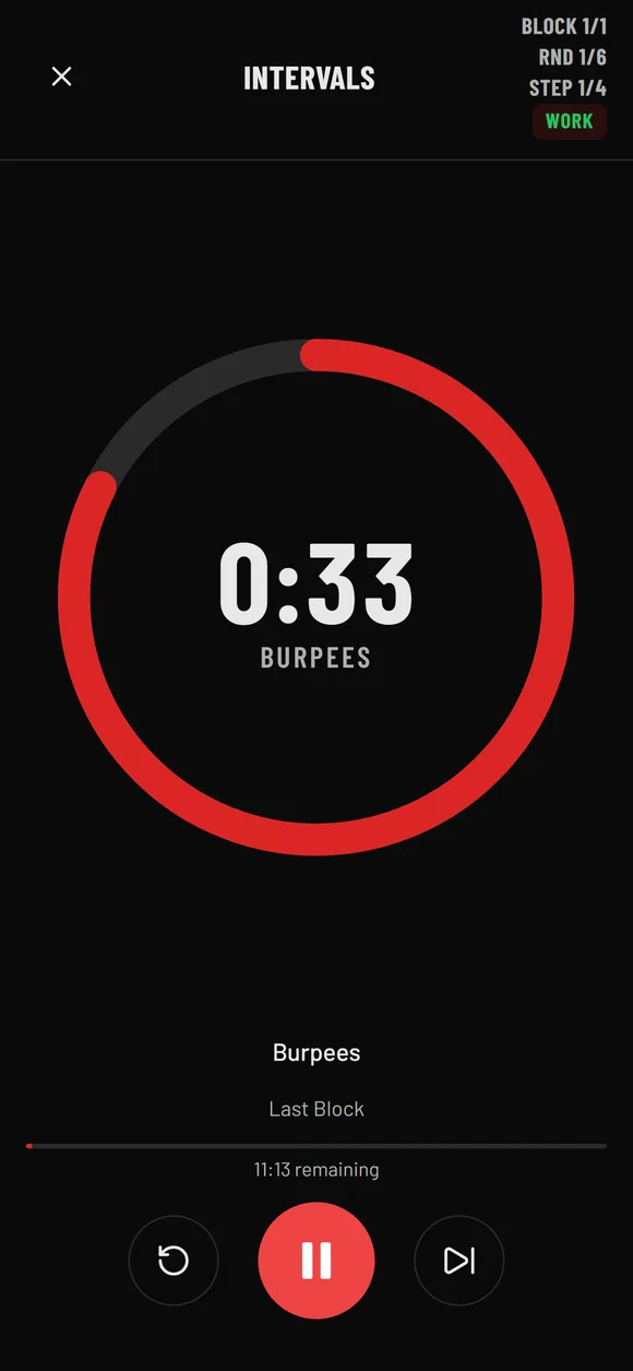 BetterWOD Timer running an Intervals block in the dark Crimson theme: 0:33 remaining on Burpees, round 1 of 6