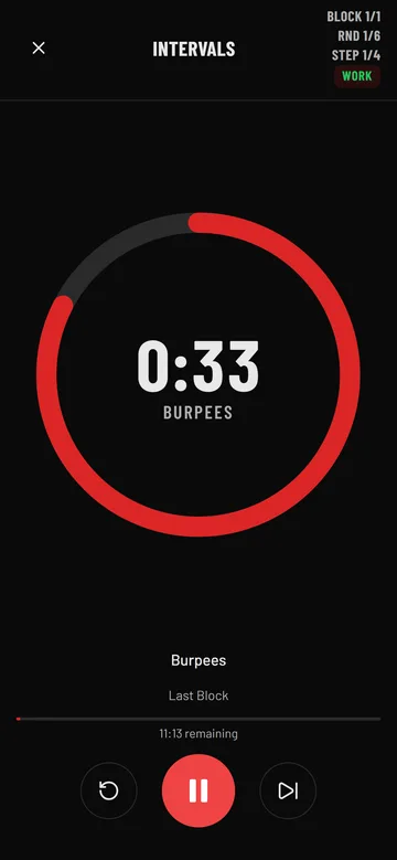 Intervals block running: Burpees, 0:33 remaining, round 1 of 6