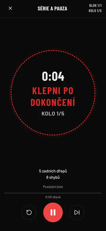 Blok Rep & Rest: klepněte po dokončení, kolo 1 z 5