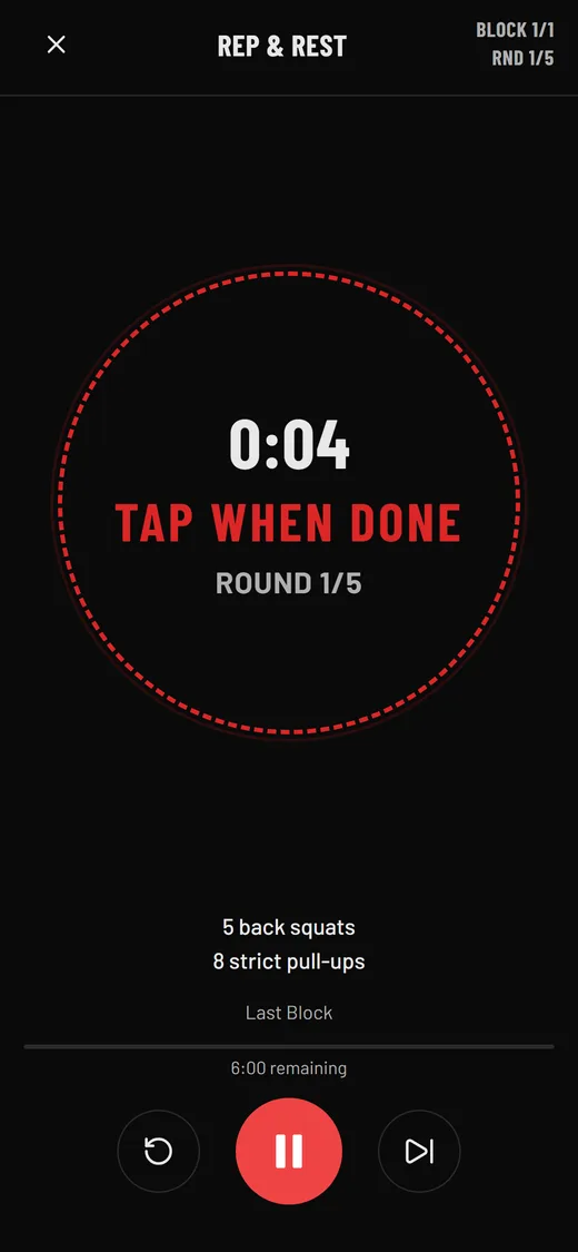 Running timer showing a Rep & Rest block with tap when done